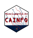 Logo do CAINFO Hexágono com fundo de circuitos, ao meio os dizeres include ca.h e CAINFO, com a ponta inferior da hexágono preenchida no azul.