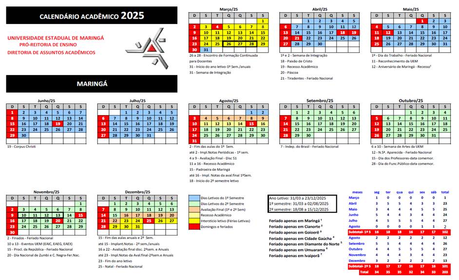 Calendário Acadêmico 2025 - Campus Sede Maringá