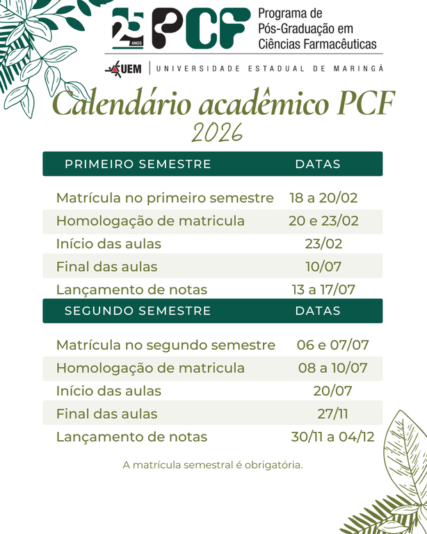 Cronograma de matrícula em disciplinas do PCF