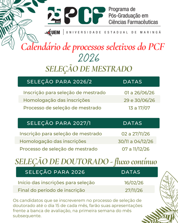 Cronograma do processo seletivo para Doutorado em 2026 - fluxo contínuo
