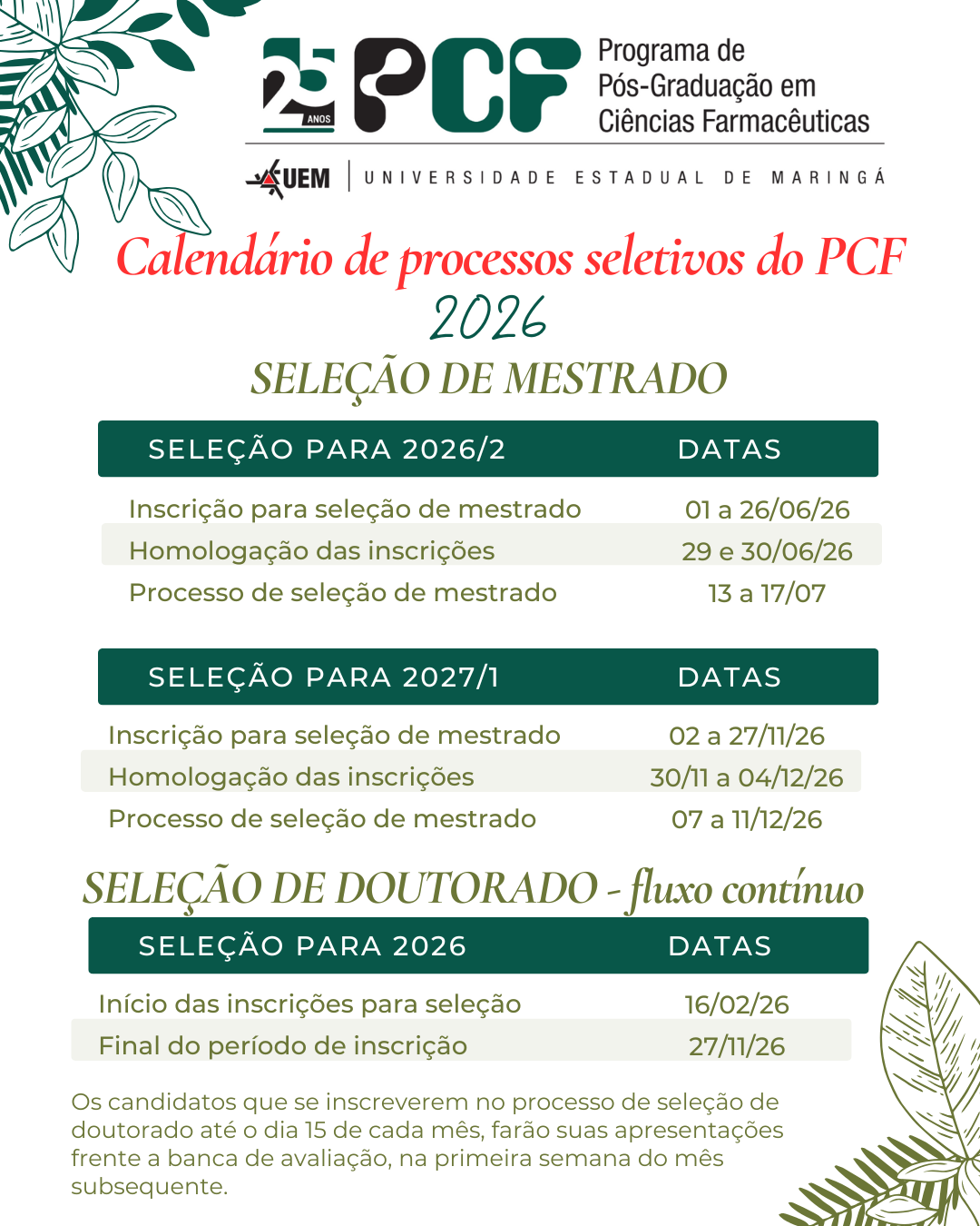Cronograma do processo seletivo para Doutorado em 2026 - fluxo contínuo