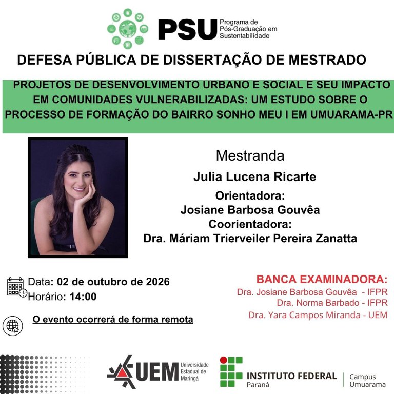 02/10/2026 DEFESA DE DISSERTAÇÃO: Julia Lucena Ricarte
